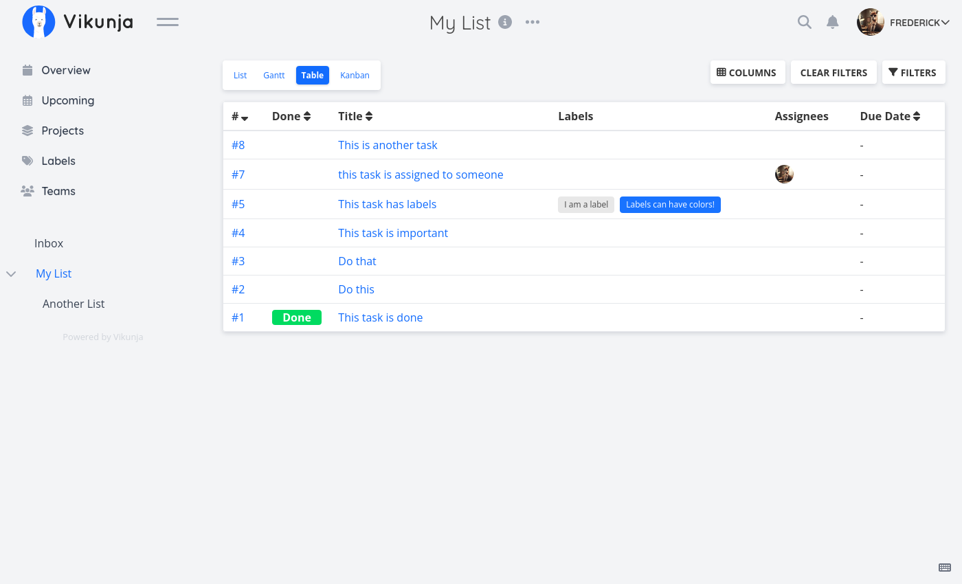 Table view of tasks in a list